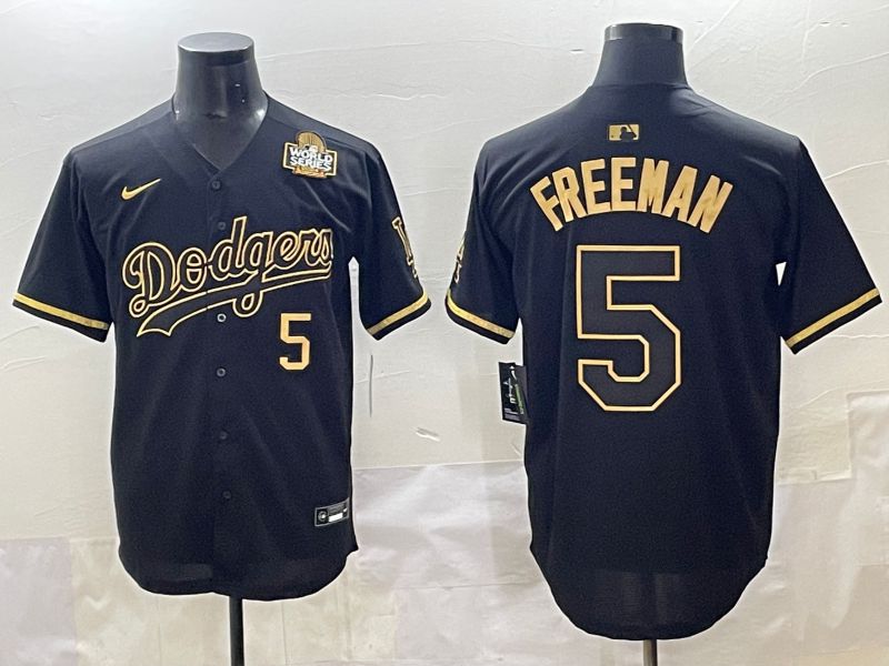 Men 2025 Los Angeles Dodgers 5 Freeman Black Gold Five generations Nike MLB Jersey style 4